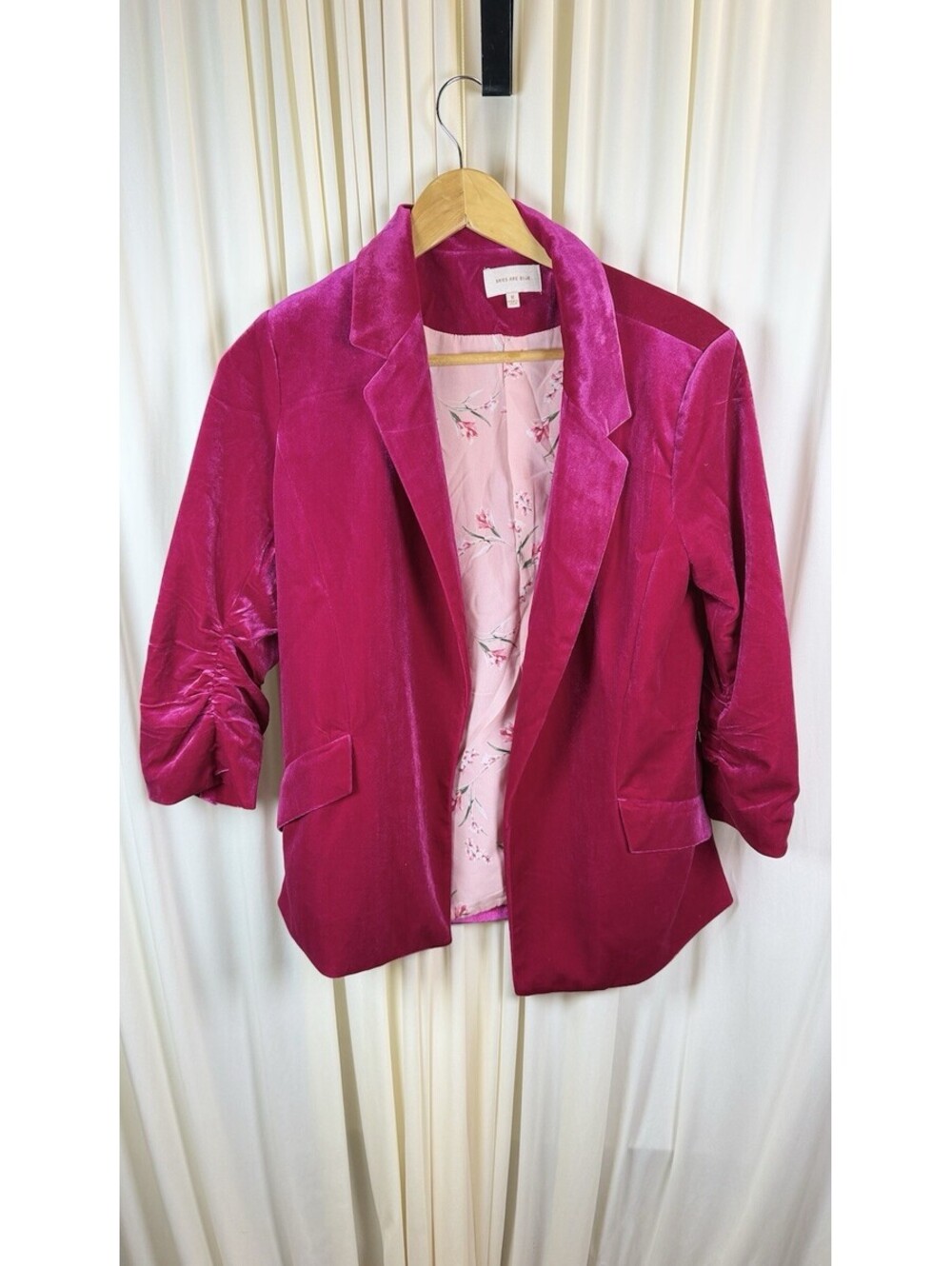 Skies Are Blue Deep Pink Velvet Floral Notch Lapel Lined Blazer Jacket M NWOT